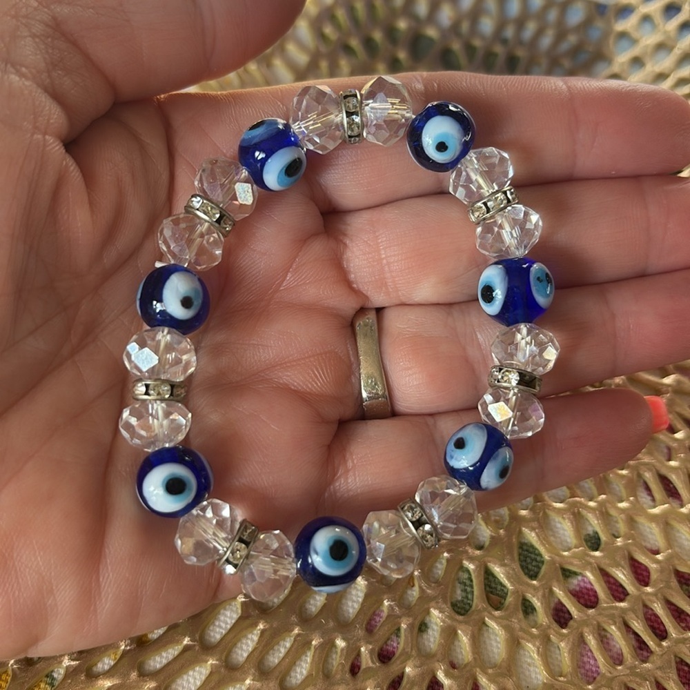 Evil Eye clear Beaded stretch Bracelet stackable crystal stations one size